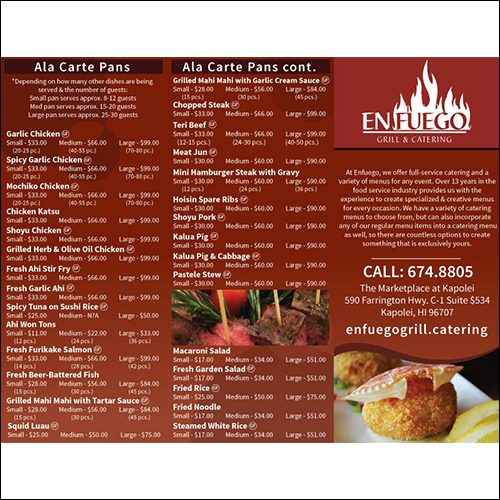 image of  en fuego catering menu front